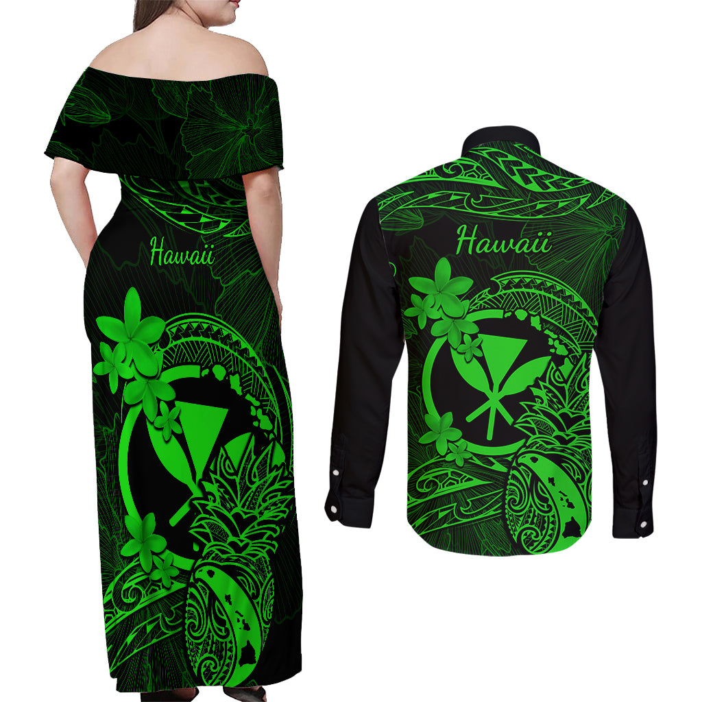Hawaii Couples Matching Off Shoulder Maxi Dress and Long Sleeve Button Shirts Pineapple Mix Polynesian Plumeria Green Version LT14 - Polynesian Pride