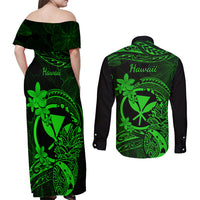 Hawaii Couples Matching Off Shoulder Maxi Dress and Long Sleeve Button Shirts Pineapple Mix Polynesian Plumeria Green Version LT14 - Polynesian Pride