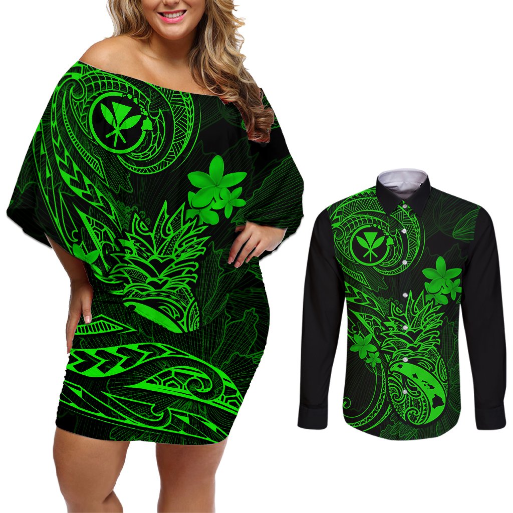 Hawaii Couples Matching Off Shoulder Short Dress and Long Sleeve Button Shirts Pineapple Mix Polynesian Plumeria Green Version LT14 Green - Polynesian Pride