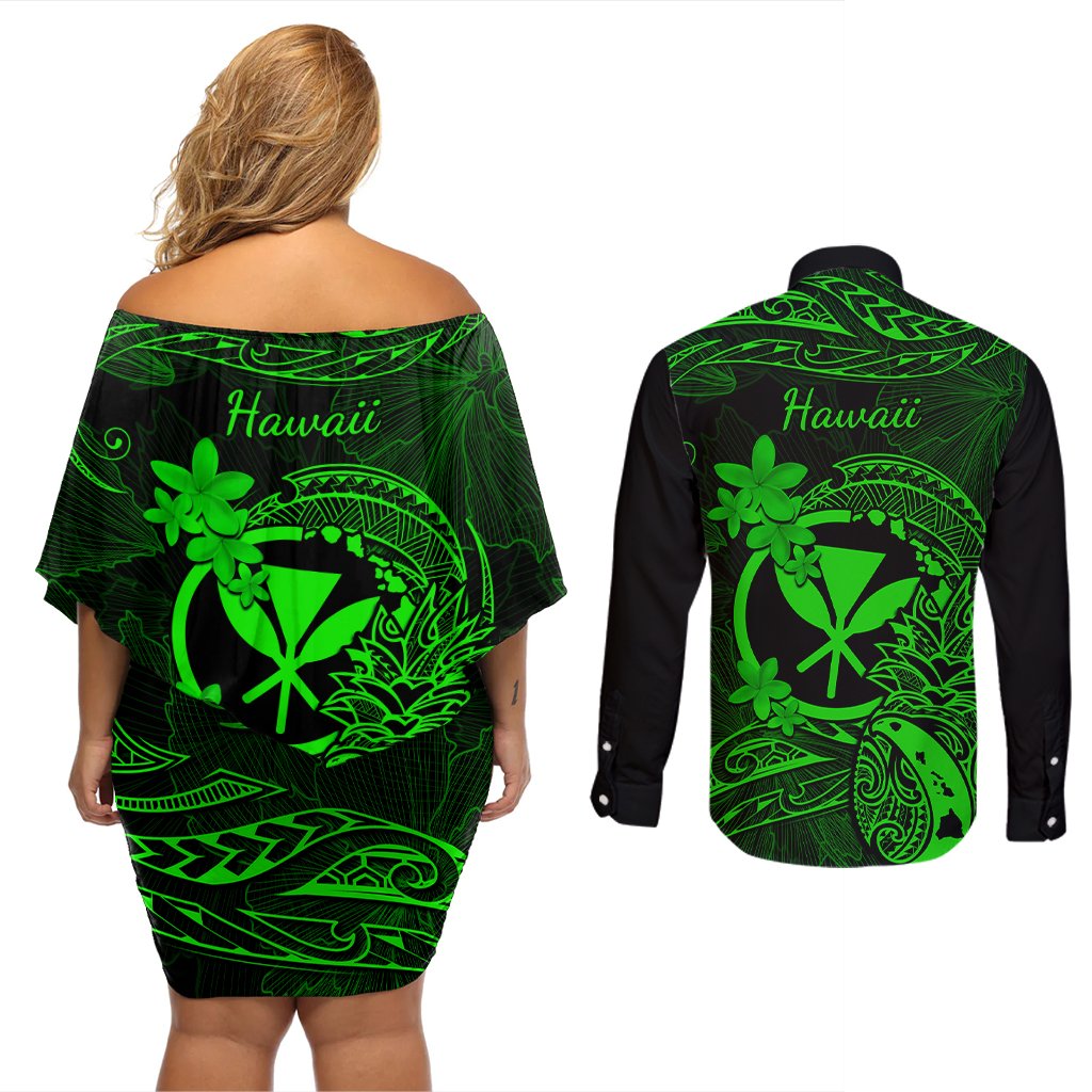 Hawaii Couples Matching Off Shoulder Short Dress and Long Sleeve Button Shirts Pineapple Mix Polynesian Plumeria Green Version LT14 - Polynesian Pride