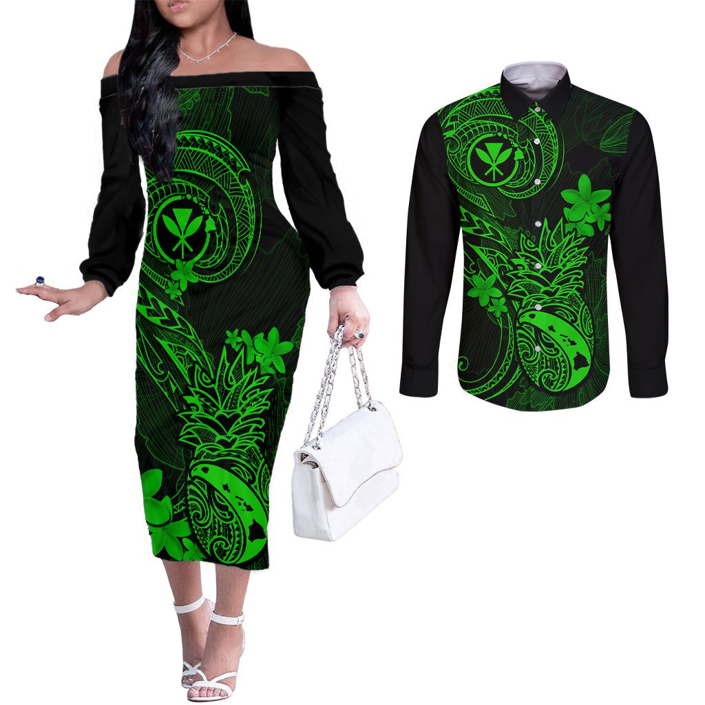 Hawaii Couples Matching Off The Shoulder Long Sleeve Dress and Long Sleeve Button Shirts Pineapple Mix Polynesian Plumeria Green Version LT14 Green - Polynesian Pride