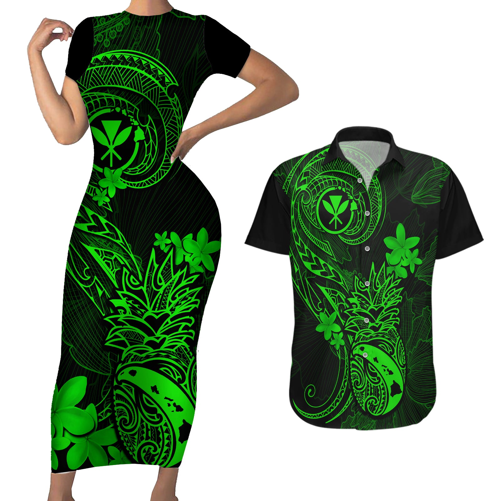 hawaii-couples-matching-short-sleeve-bodycon-dress-and-hawaiian-shirt-pineapple-mix-polynesian-plumeria-green-version