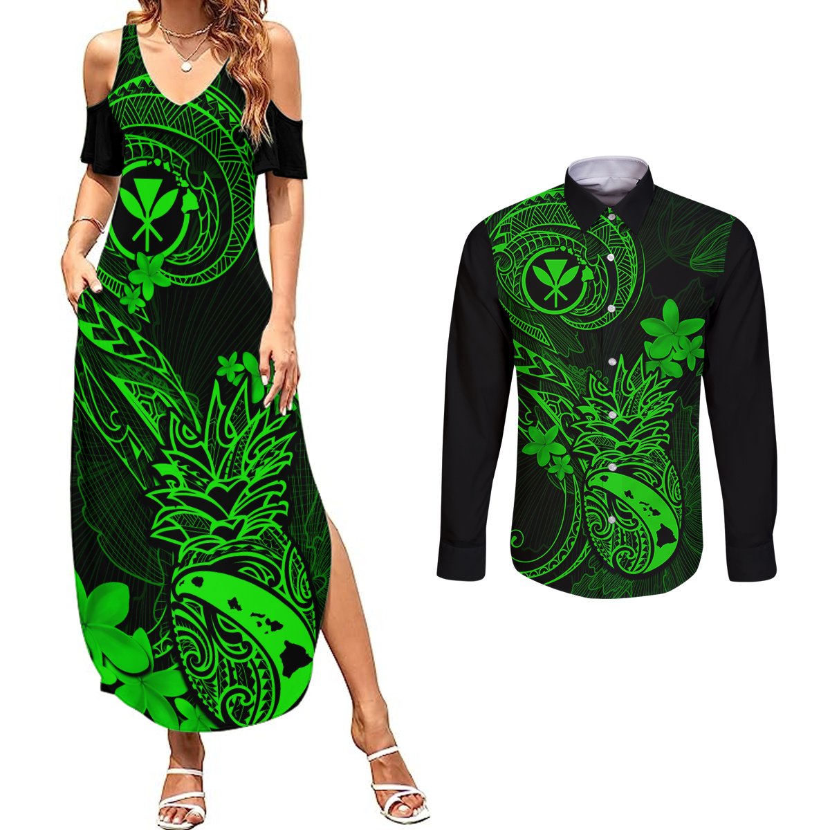 Hawaii Couples Matching Summer Maxi Dress and Long Sleeve Button Shirts Pineapple Mix Polynesian Plumeria Green Version LT14 Green - Polynesian Pride