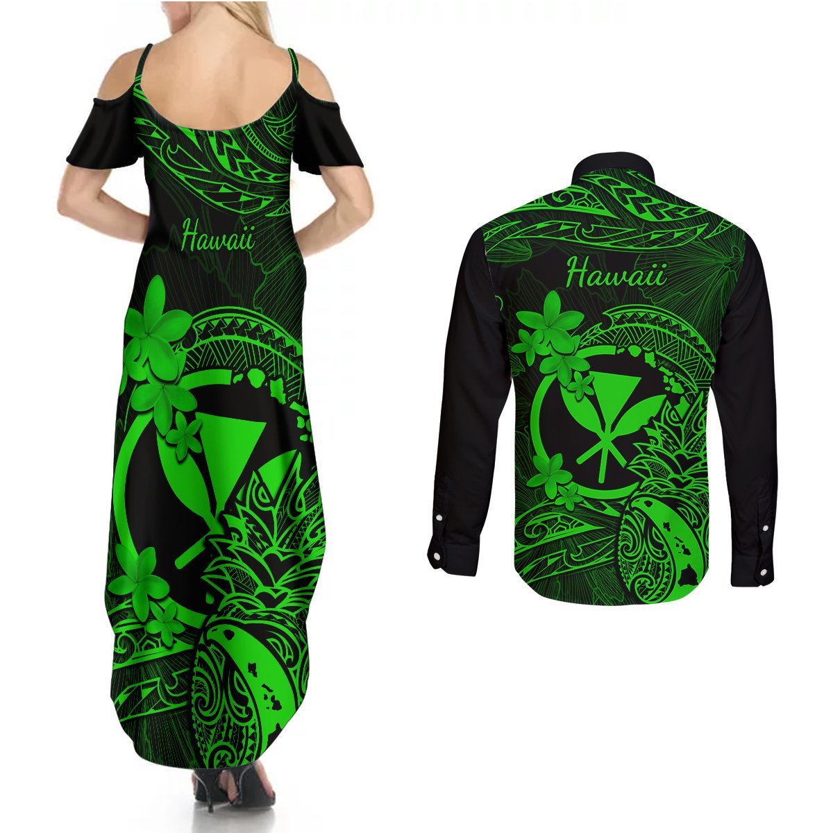 Hawaii Couples Matching Summer Maxi Dress and Long Sleeve Button Shirts Pineapple Mix Polynesian Plumeria Green Version LT14 - Polynesian Pride