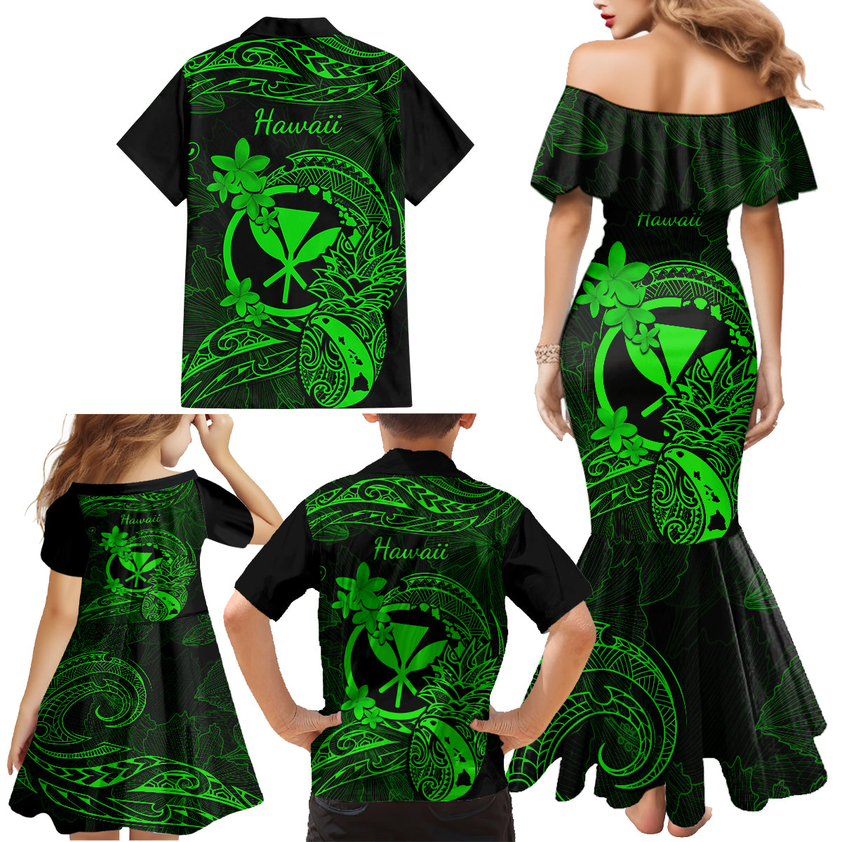 hawaii-family-matching-mermaid-dress-and-hawaiian-shirt-pineapple-mix-polynesian-plumeria-green-version
