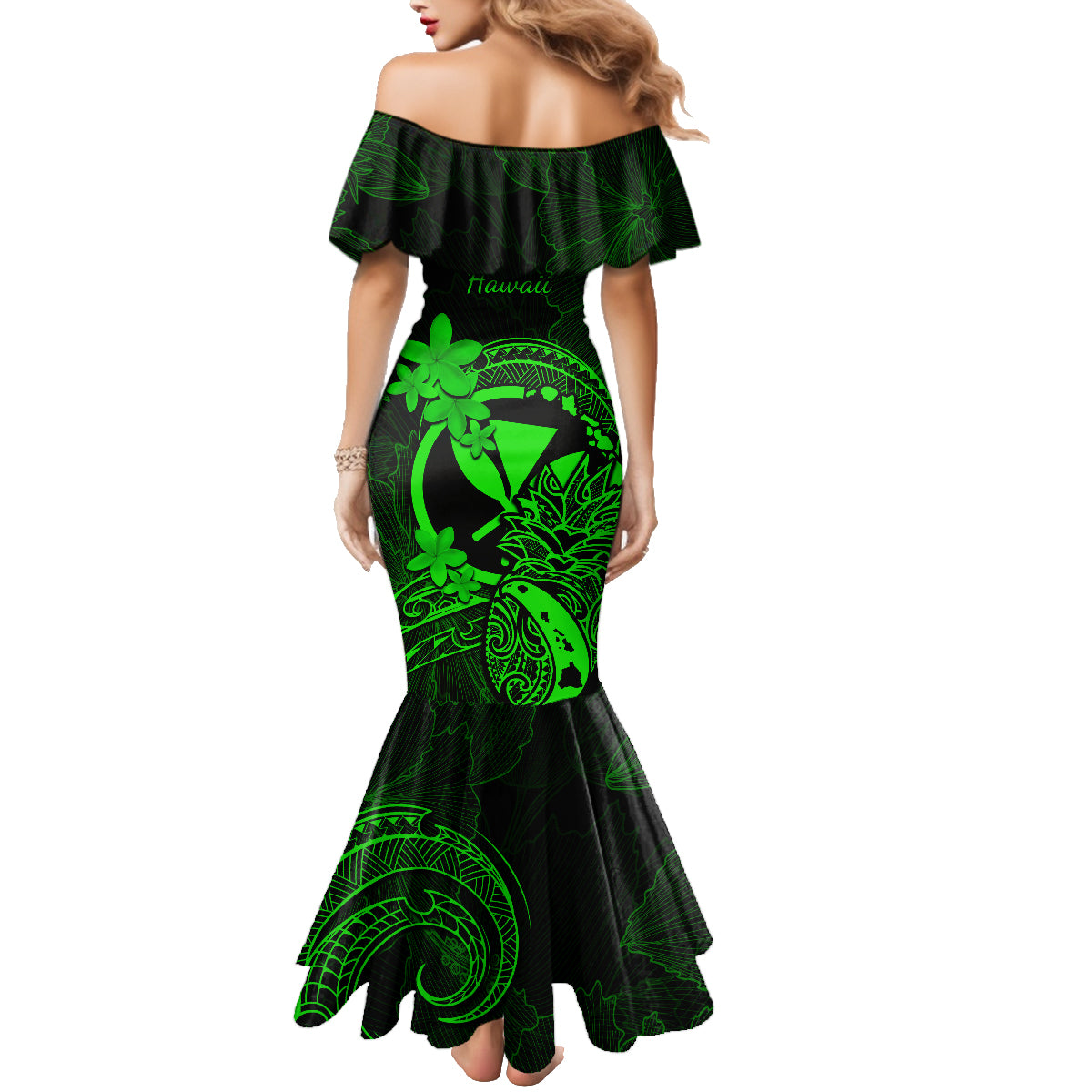 hawaii-family-matching-mermaid-dress-and-hawaiian-shirt-pineapple-mix-polynesian-plumeria-green-version