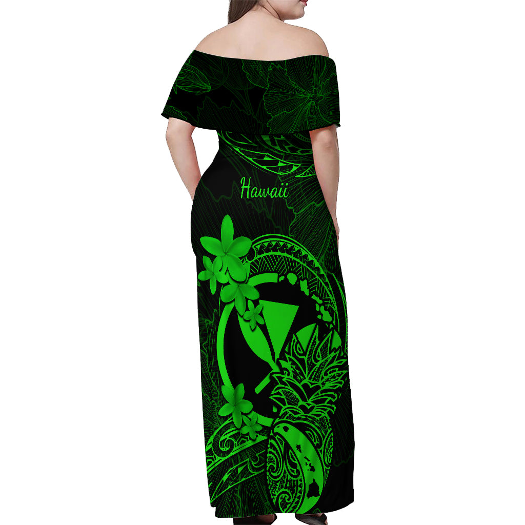 Hawaii Off Shoulder Maxi Dress Pineapple Mix Polynesian Plumeria Green Version LT14 - Polynesian Pride