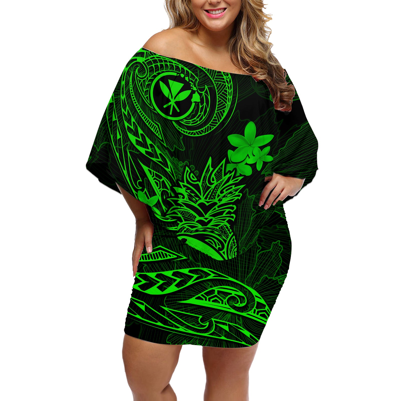 hawaii-off-shoulder-short-dress-pineapple-mix-polynesian-plumeria-green-version