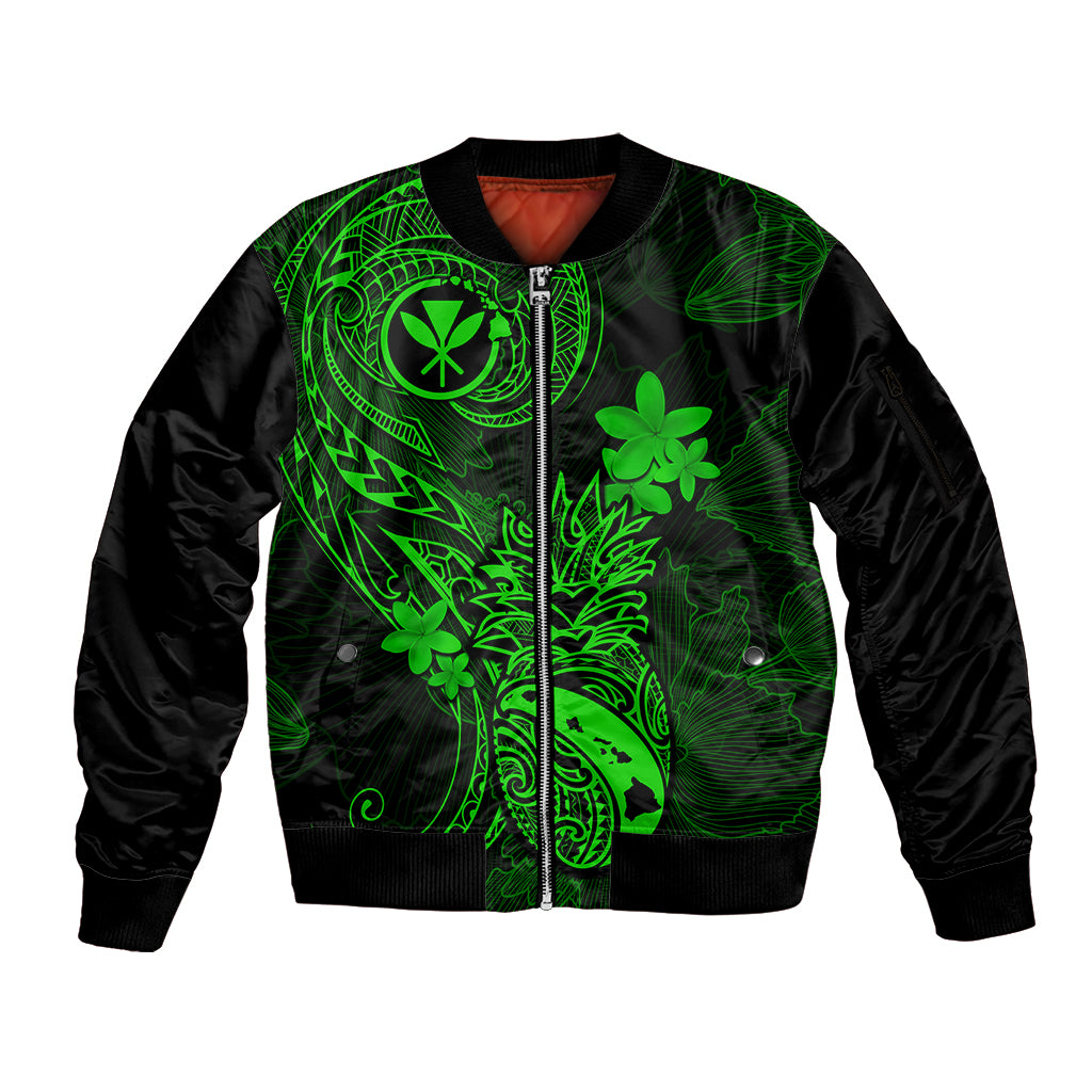 Hawaii Sleeve Zip Bomber Jacket Pineapple Mix Polynesian Plumeria Green Version LT14 Unisex Green - Polynesian Pride