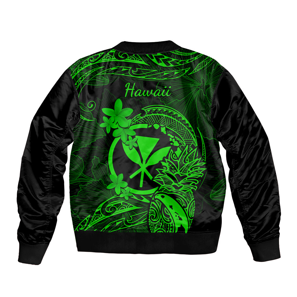 Hawaii Sleeve Zip Bomber Jacket Pineapple Mix Polynesian Plumeria Green Version LT14 - Polynesian Pride