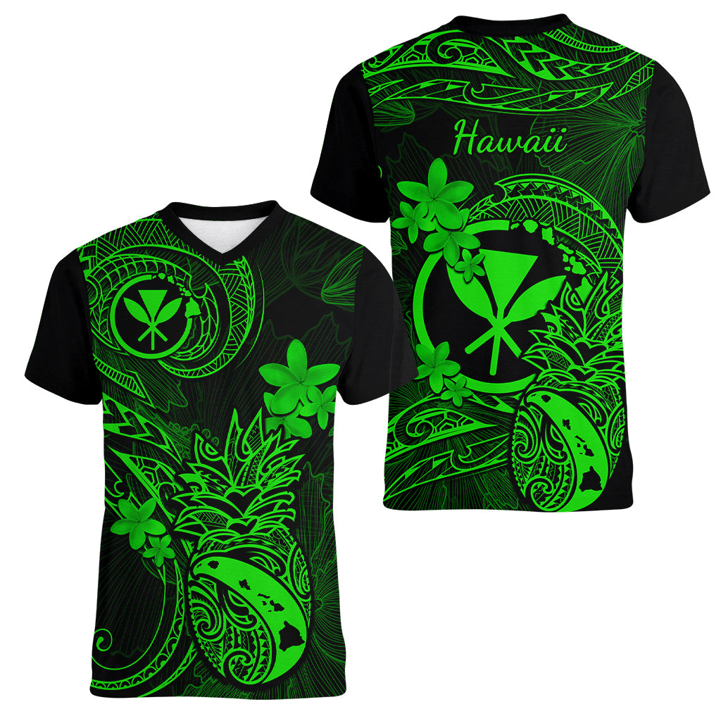 hawaii-women-v-neck-t-shirt-pineapple-mix-polynesian-plumeria-green-version