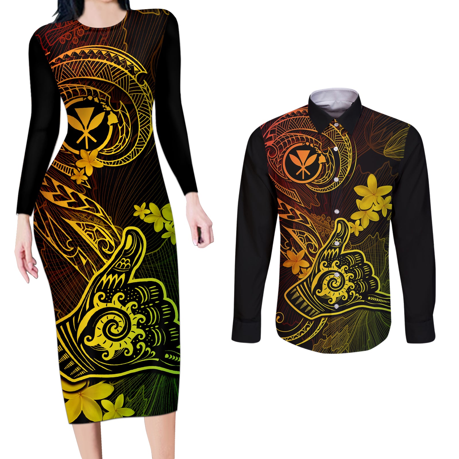 Hawaii Couples Matching Long Sleeve Bodycon Dress and Long Sleeve Button Shirts Shaka Tattoo Mix Polynesian Plumeria Reggae Version LT14 Reggae - Polynesian Pride