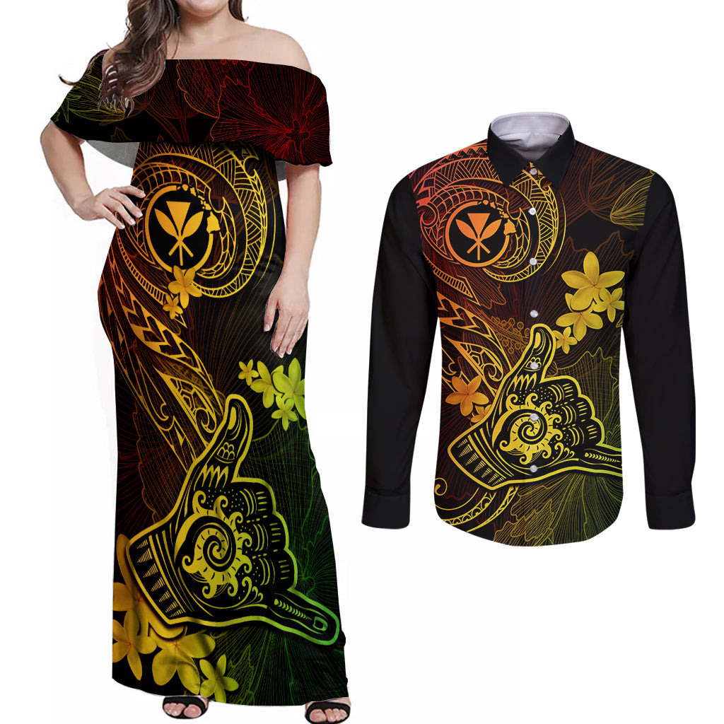 Hawaii Couples Matching Off Shoulder Maxi Dress and Long Sleeve Button Shirts Shaka Tattoo Mix Polynesian Plumeria Reggae Version LT14 Reggae - Polynesian Pride