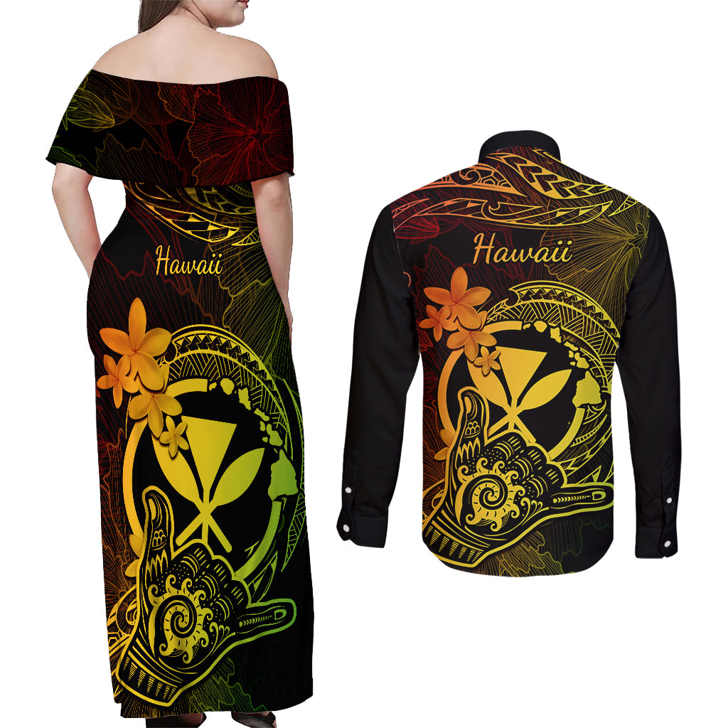 Hawaii Couples Matching Off Shoulder Maxi Dress and Long Sleeve Button Shirts Shaka Tattoo Mix Polynesian Plumeria Reggae Version LT14 - Polynesian Pride
