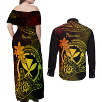Hawaii Couples Matching Off Shoulder Maxi Dress and Long Sleeve Button Shirts Shaka Tattoo Mix Polynesian Plumeria Reggae Version LT14 - Polynesian Pride