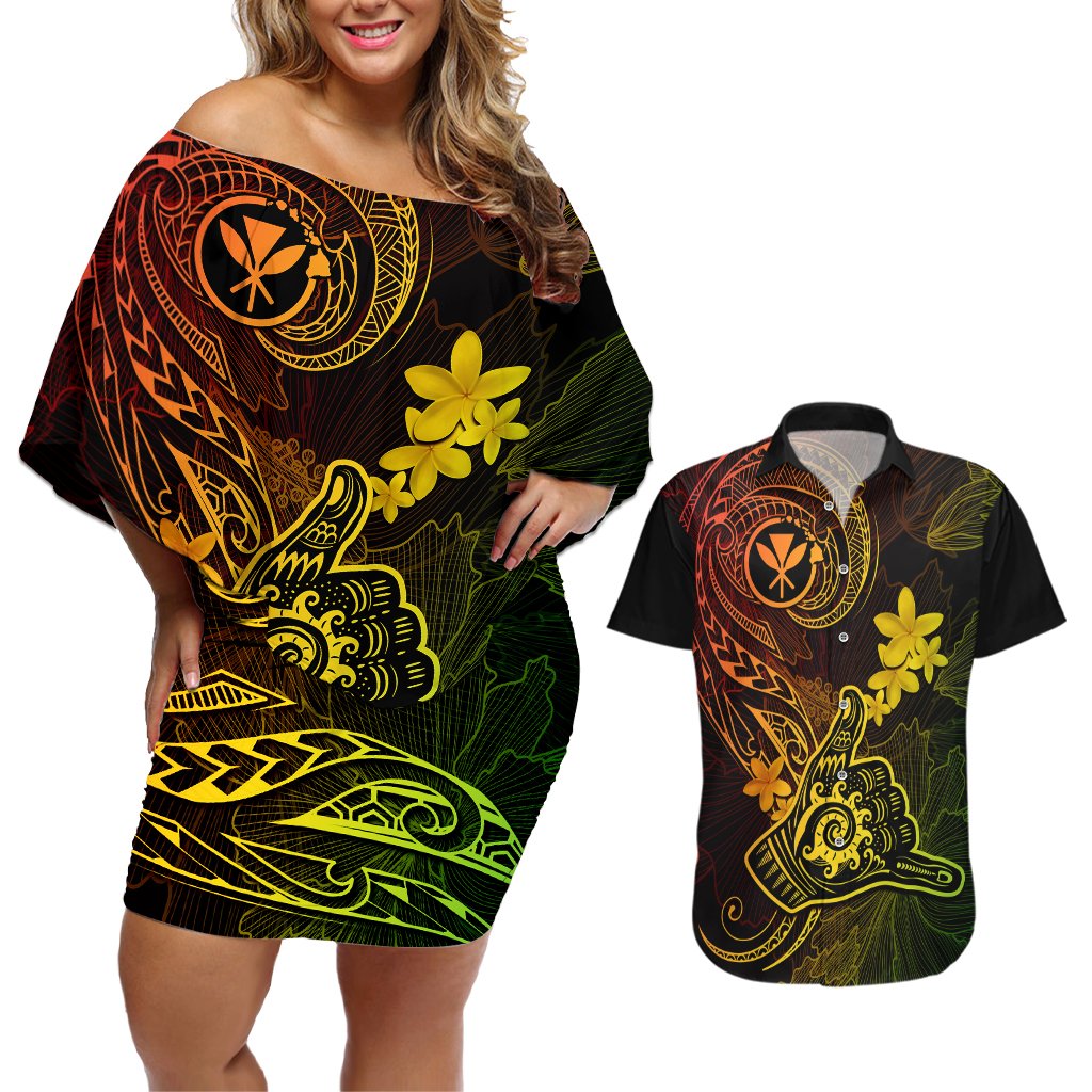 Hawaii Couples Matching Off Shoulder Short Dress and Hawaiian Shirt Shaka Tattoo Mix Polynesian Plumeria Reggae Version LT14 Reggae - Polynesian Pride