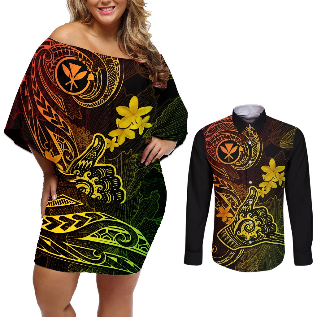 Hawaii Couples Matching Off Shoulder Short Dress and Long Sleeve Button Shirts Shaka Tattoo Mix Polynesian Plumeria Reggae Version LT14 Reggae - Polynesian Pride