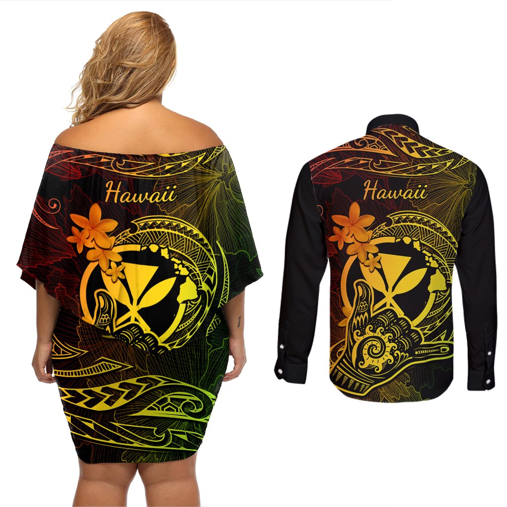 Hawaii Couples Matching Off Shoulder Short Dress and Long Sleeve Button Shirts Shaka Tattoo Mix Polynesian Plumeria Reggae Version LT14 - Polynesian Pride