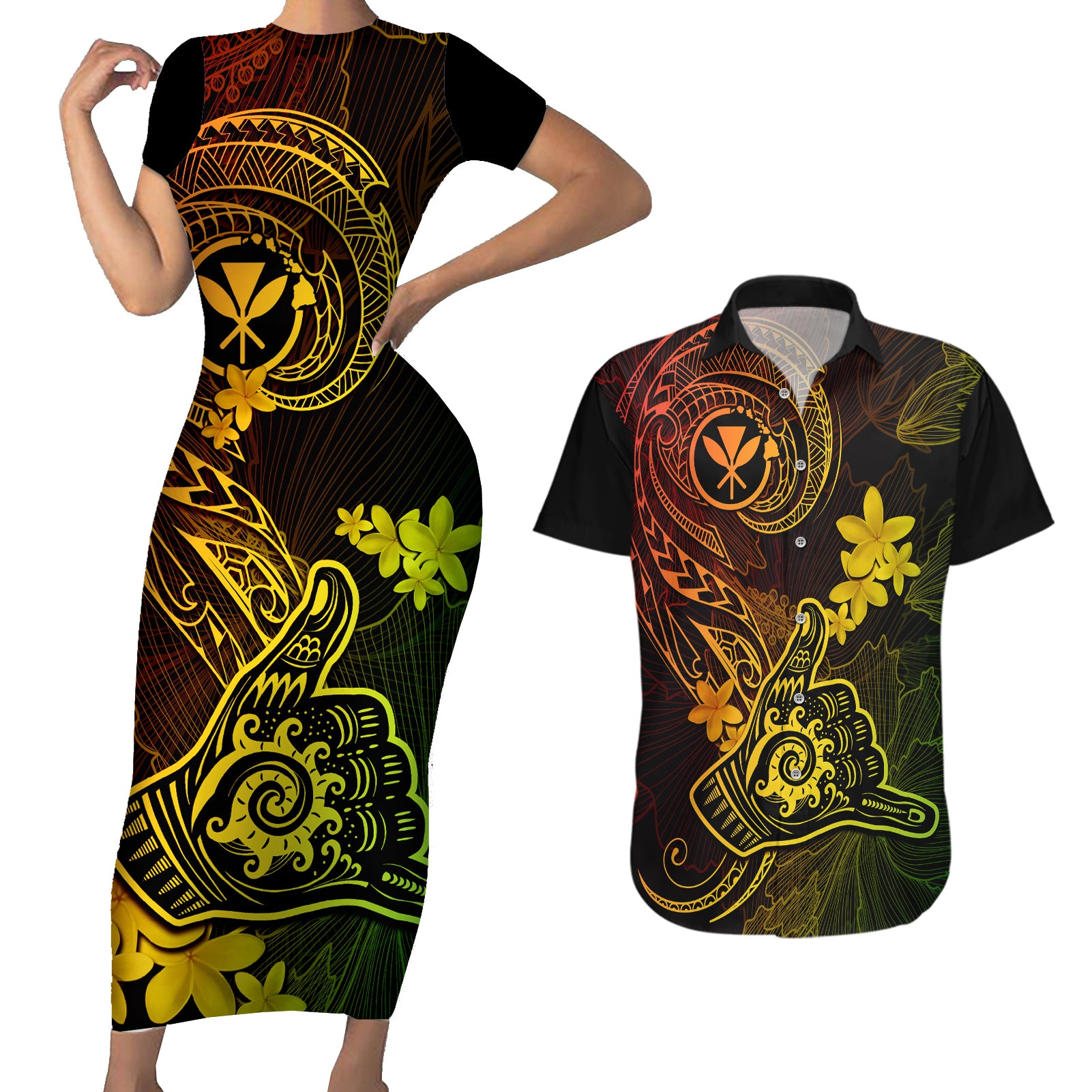 hawaii-couples-matching-short-sleeve-bodycon-dress-and-hawaiian-shirt-shaka-tattoo-mix-polynesian-plumeria-reggae-version