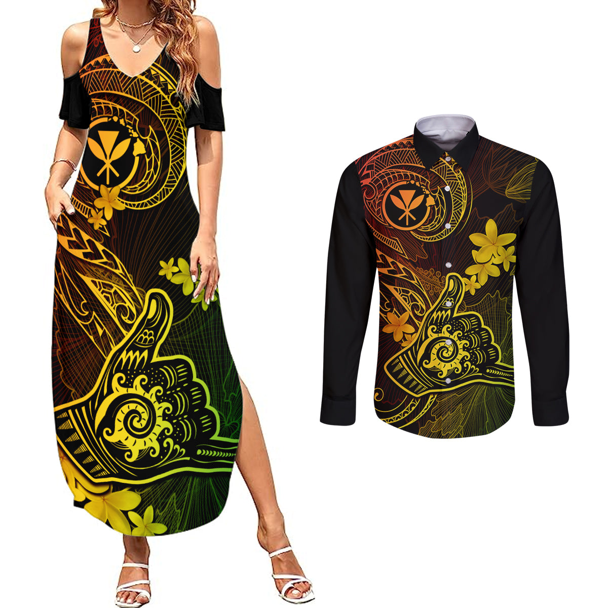 hawaii-couples-matching-summer-maxi-dress-and-long-sleeve-button-shirts-shaka-tattoo-mix-polynesian-plumeria-reggae-version