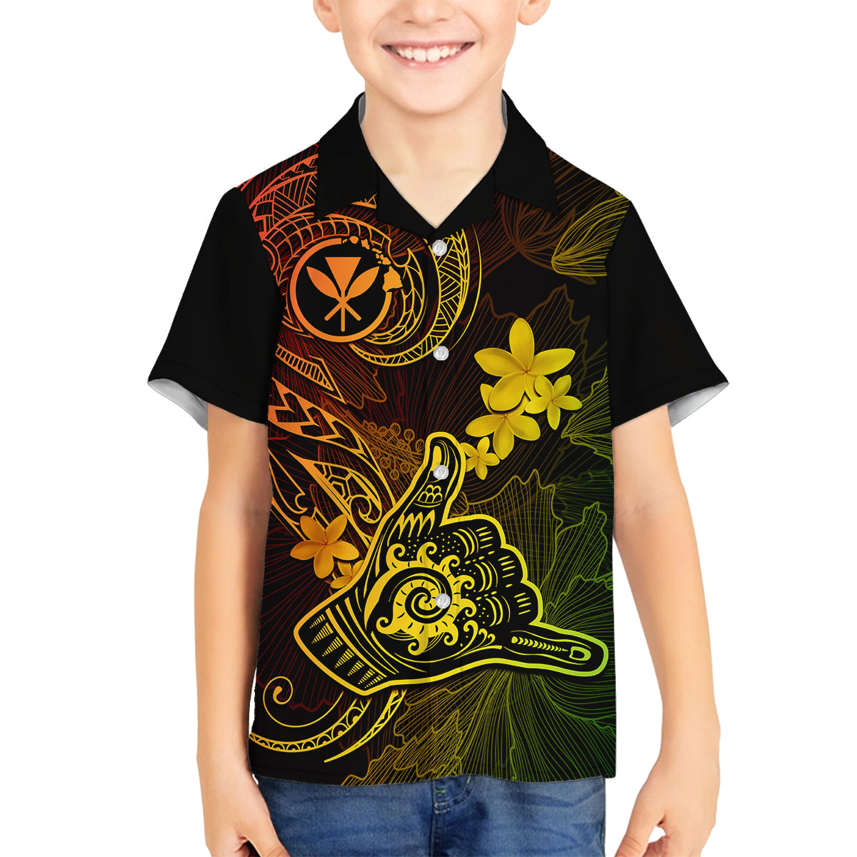 Hawaii Kid Hawaiian Shirt Shaka Tattoo Mix Polynesian Plumeria Reggae Version LT14 - Polynesian Pride