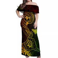 Hawaii Off Shoulder Maxi Dress Shaka Tattoo Mix Polynesian Plumeria Reggae Version LT14 Women Reggae - Polynesian Pride