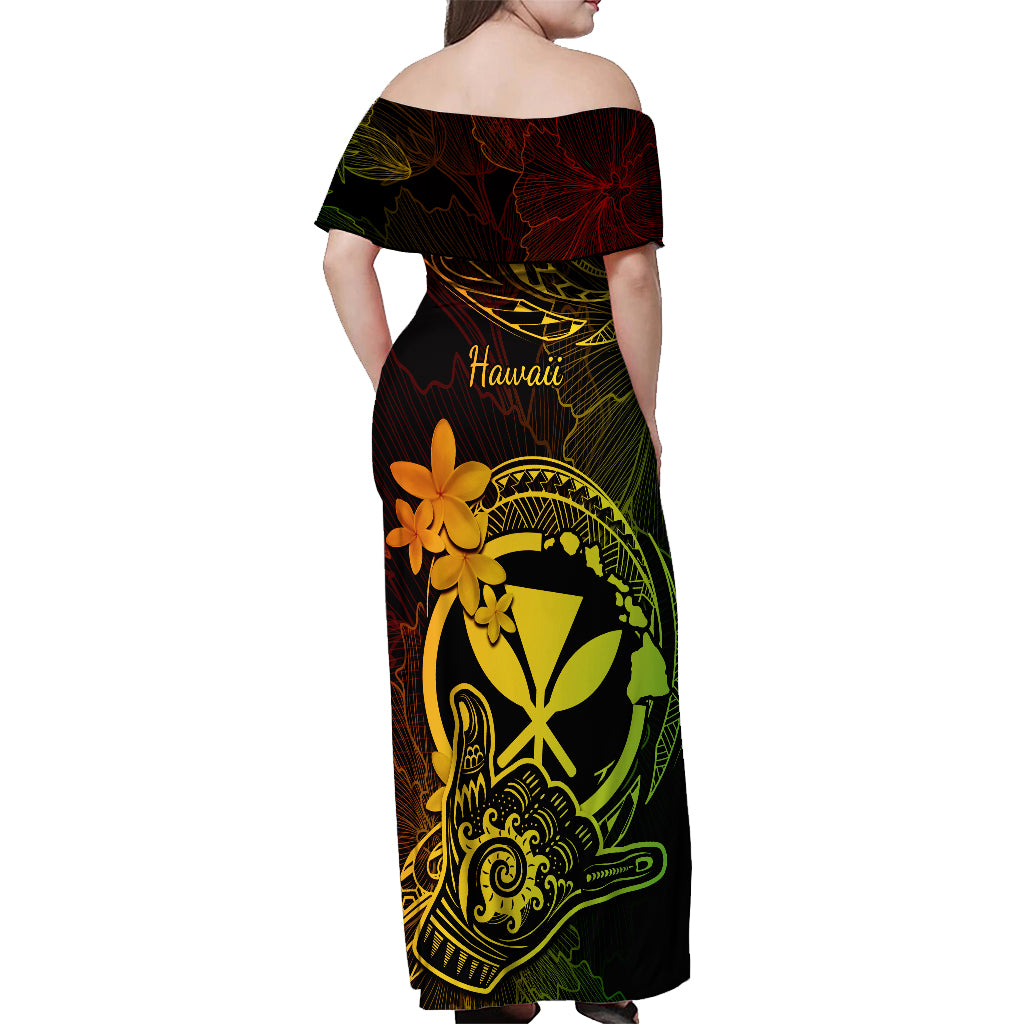 Hawaii Off Shoulder Maxi Dress Shaka Tattoo Mix Polynesian Plumeria Reggae Version LT14 - Polynesian Pride