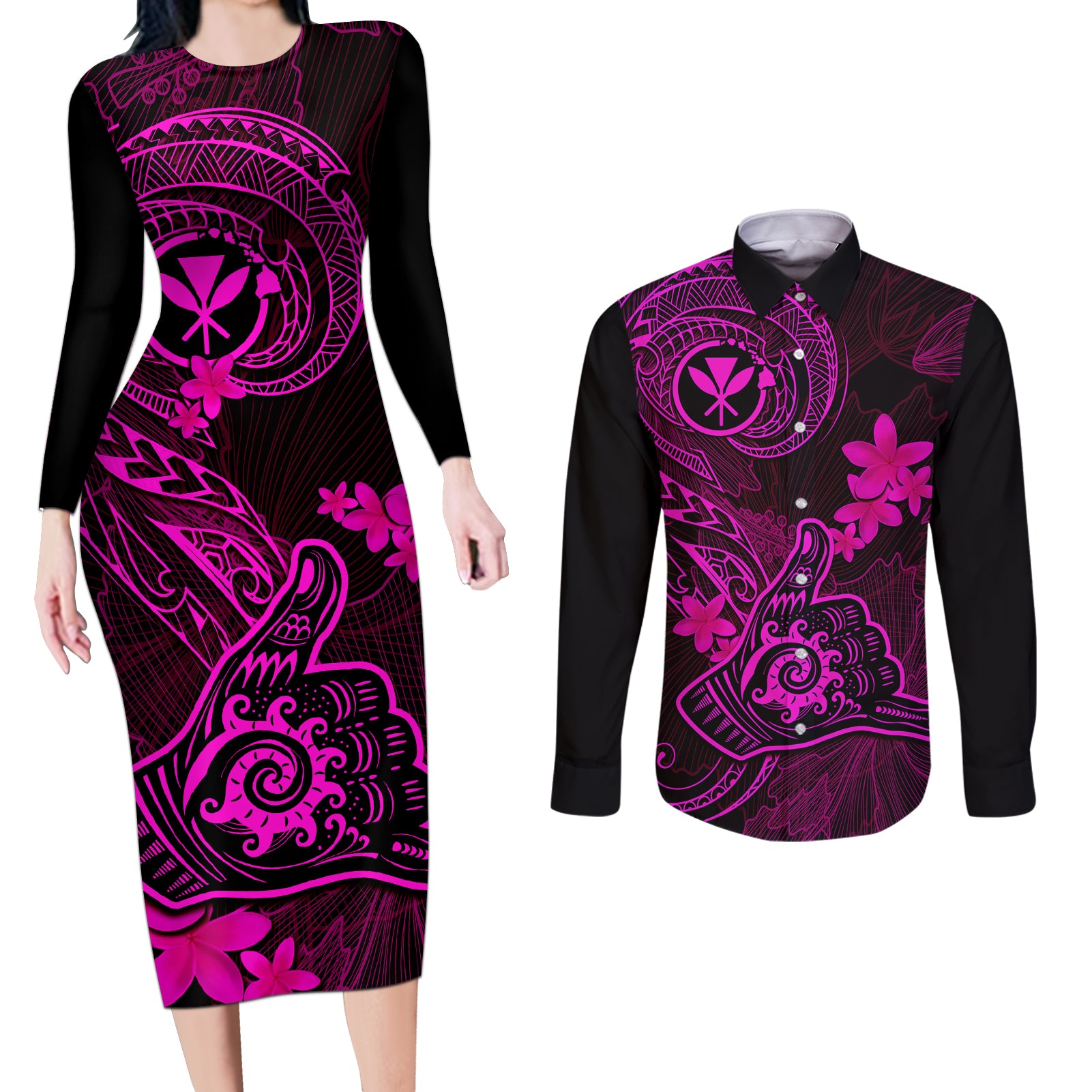 hawaii-couples-matching-long-sleeve-bodycon-dress-and-long-sleeve-button-shirts-shaka-tattoo-mix-polynesian-plumeria-pink-version