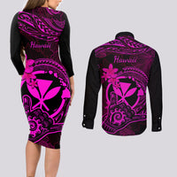 hawaii-couples-matching-long-sleeve-bodycon-dress-and-long-sleeve-button-shirts-shaka-tattoo-mix-polynesian-plumeria-pink-version