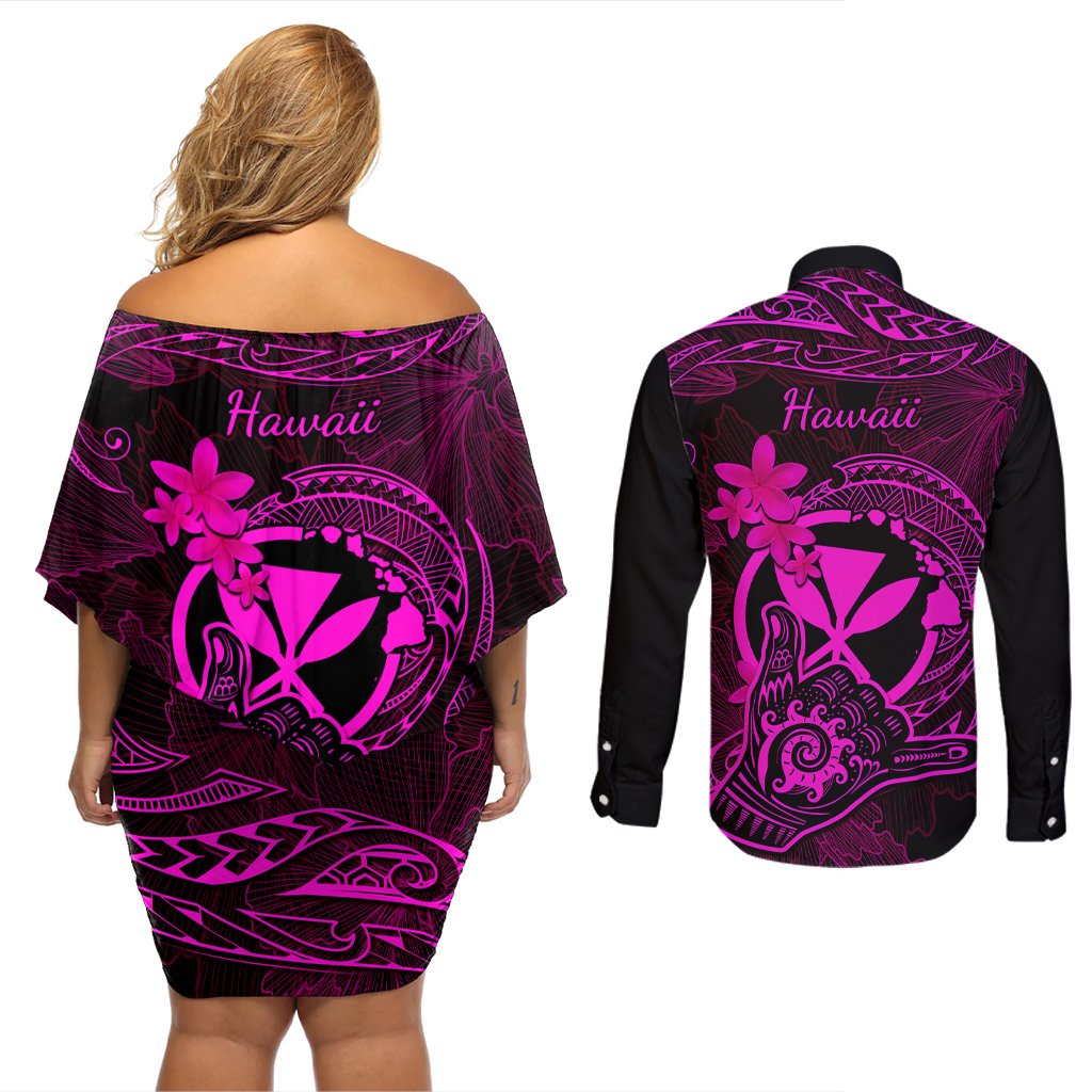 hawaii-couples-matching-off-shoulder-short-dress-and-long-sleeve-button-shirts-shaka-tattoo-mix-polynesian-plumeria-pink-version