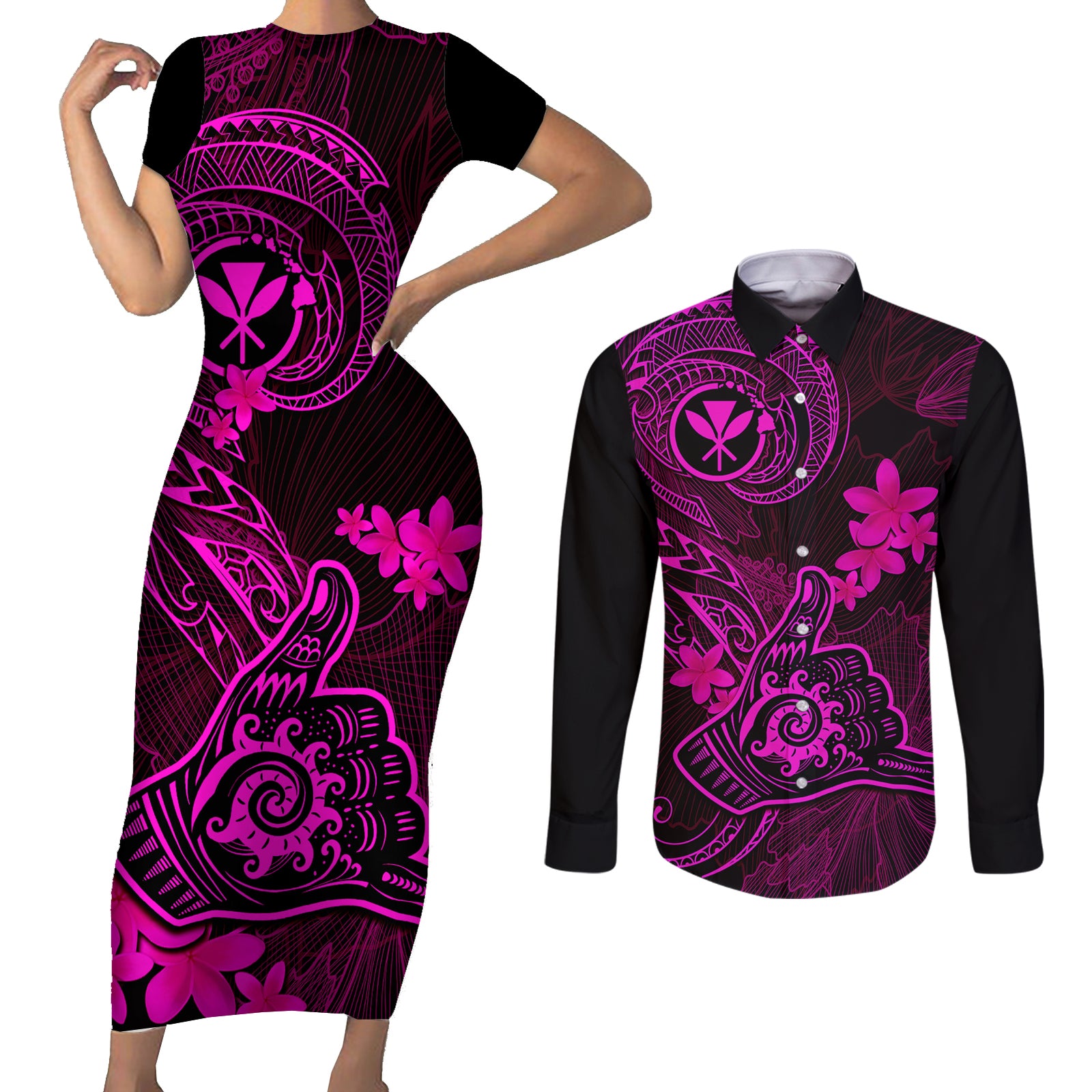 Hawaii Couples Matching Short Sleeve Bodycon Dress and Long Sleeve Button Shirts Shaka Tattoo Mix Polynesian Plumeria Pink Version LT14 Pink - Polynesian Pride