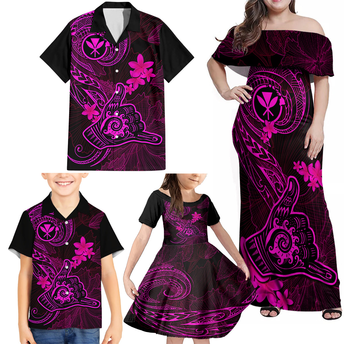 hawaii-family-matching-off-shoulder-maxi-dress-and-hawaiian-shirt-shaka-tattoo-mix-polynesian-plumeria-pink-version