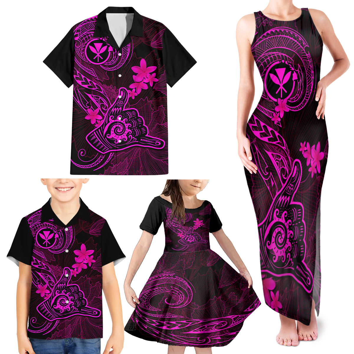 hawaii-family-matching-tank-maxi-dress-and-hawaiian-shirt-shaka-tattoo-mix-polynesian-plumeria-pink-version