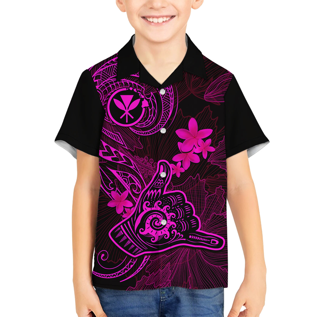 Hawaii Kid Hawaiian Shirt Shaka Tattoo Mix Polynesian Plumeria Pink Version LT14 - Polynesian Pride