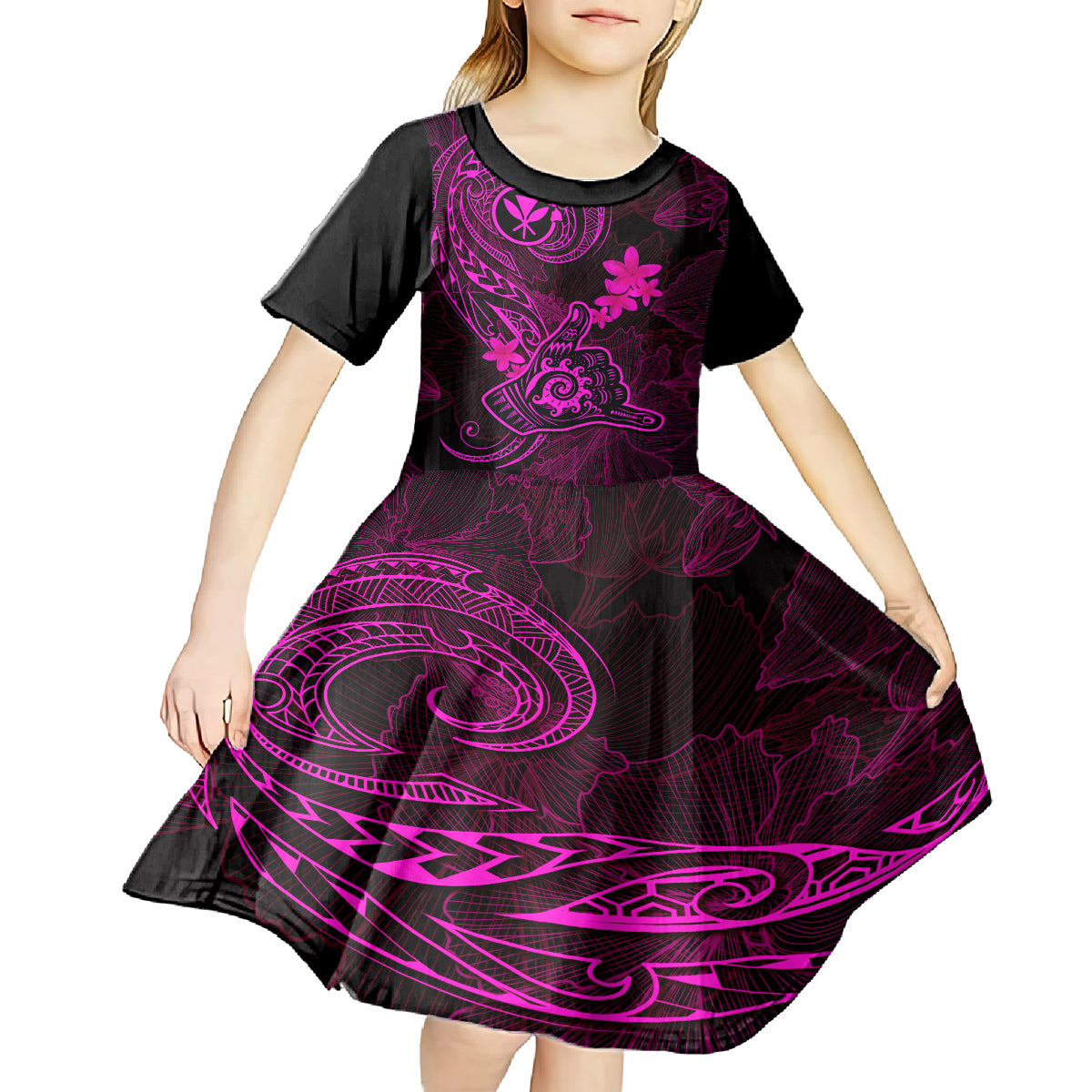Hawaii Kid Short Sleeve Dress Shaka Tattoo Mix Polynesian Plumeria Pink Version LT14 - Polynesian Pride