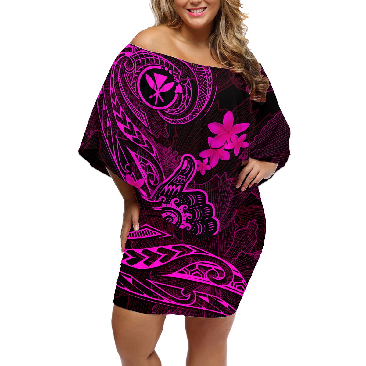 Hawaii Off Shoulder Short Dress Shaka Tattoo Mix Polynesian Plumeria Pink Version LT14 Women Pink - Polynesian Pride