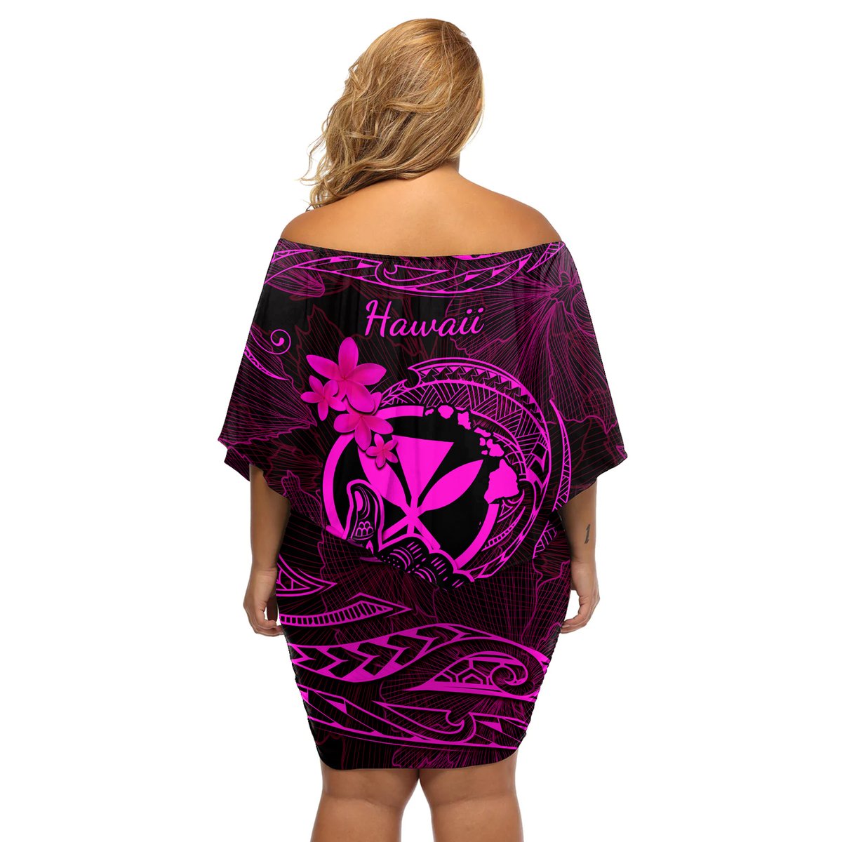 Hawaii Off Shoulder Short Dress Shaka Tattoo Mix Polynesian Plumeria Pink Version LT14 - Polynesian Pride