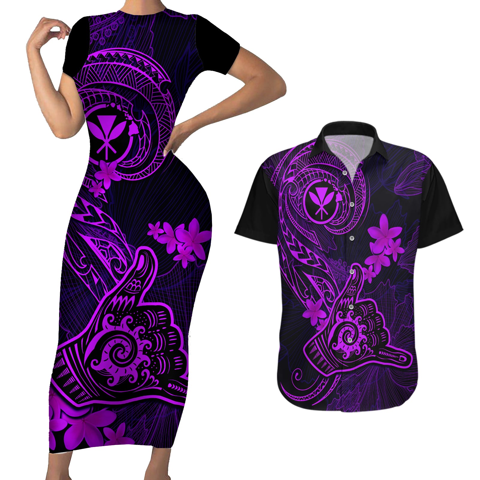 hawaii-couples-matching-short-sleeve-bodycon-dress-and-hawaiian-shirt-shaka-tattoo-mix-polynesian-plumeria-purple-version