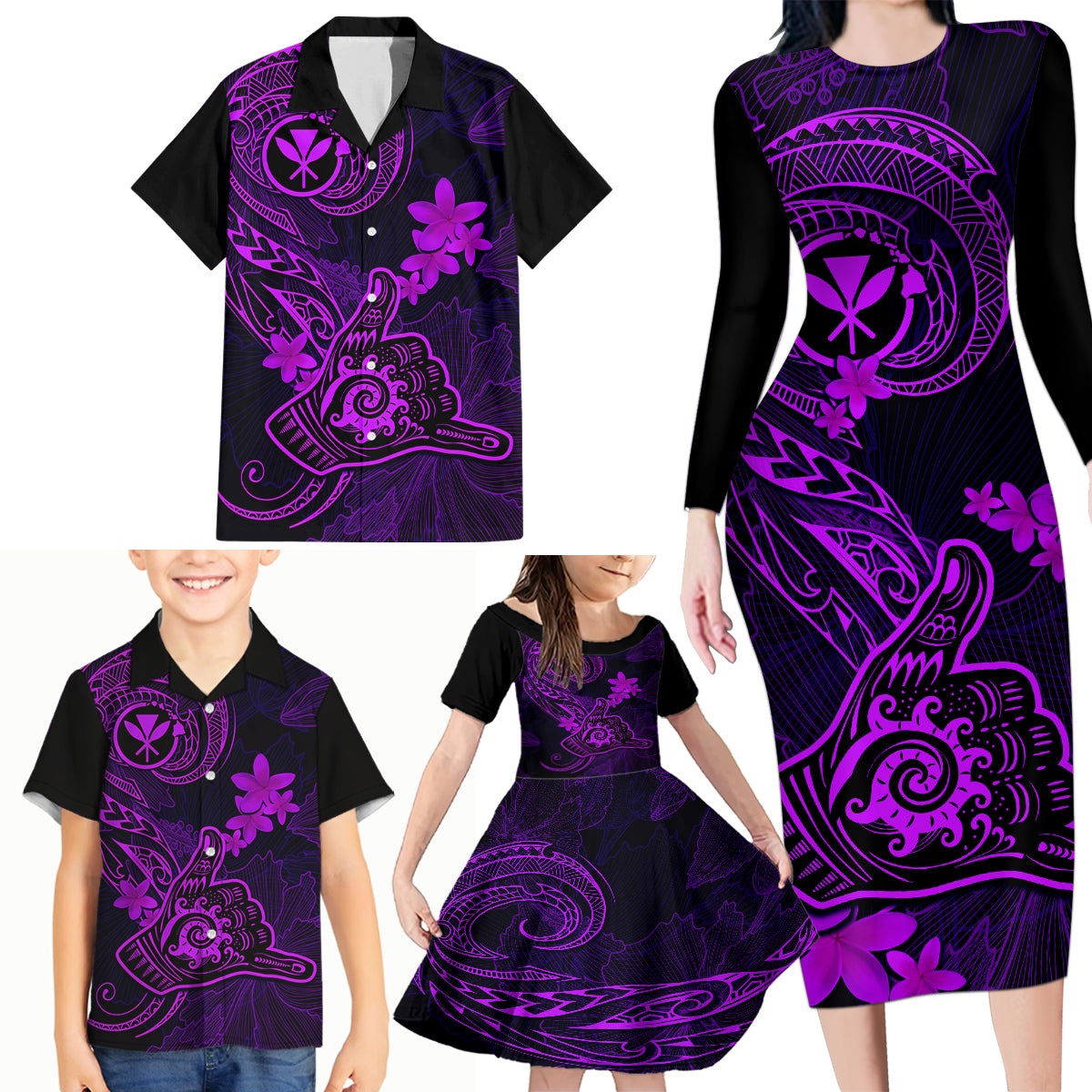 Hawaii Family Matching Long Sleeve Bodycon Dress and Hawaiian Shirt Shaka Tattoo Mix Polynesian Plumeria Purple Version LT14 - Polynesian Pride