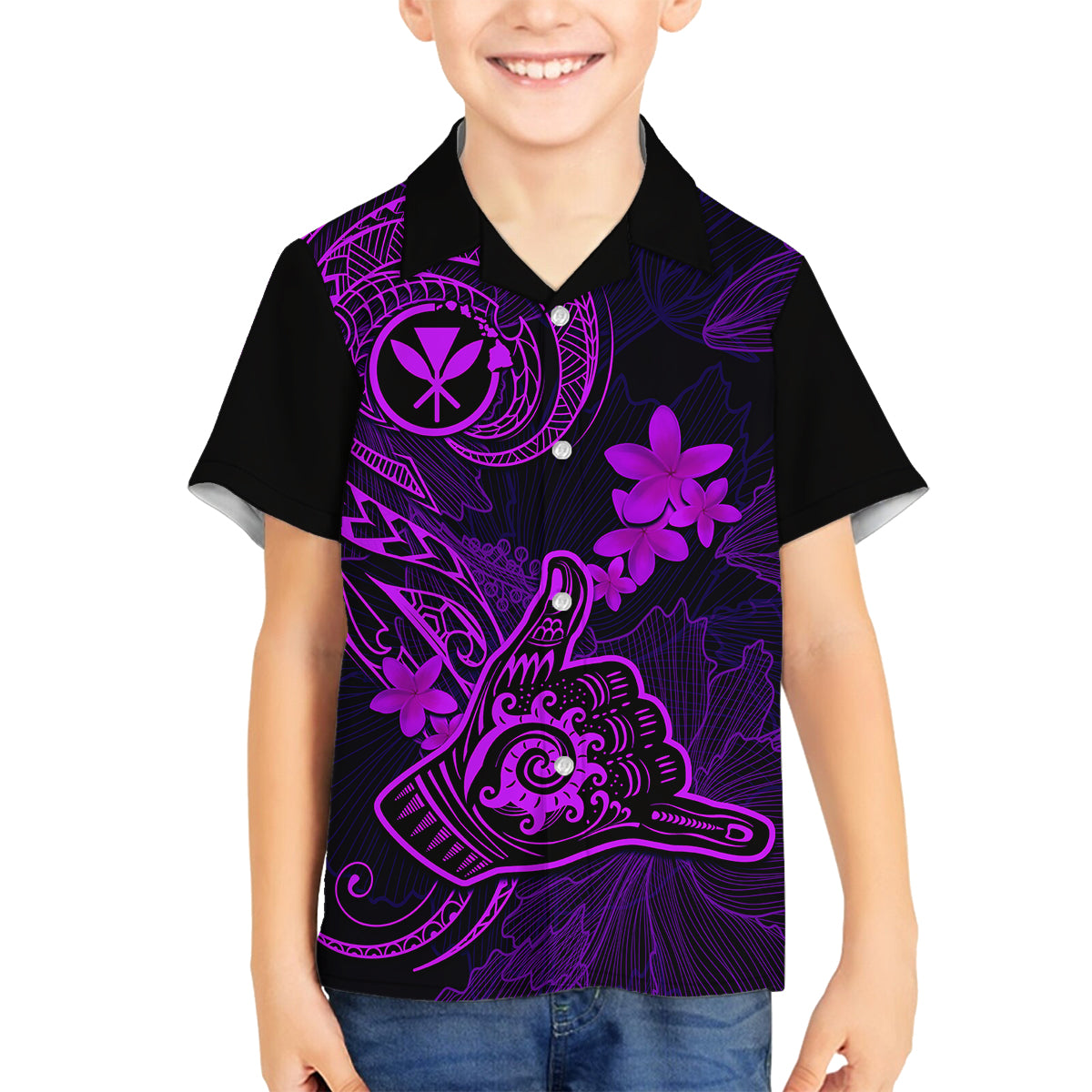 hawaii-family-matching-short-sleeve-bodycon-dress-and-hawaiian-shirt-shaka-tattoo-mix-polynesian-plumeria-purple-version
