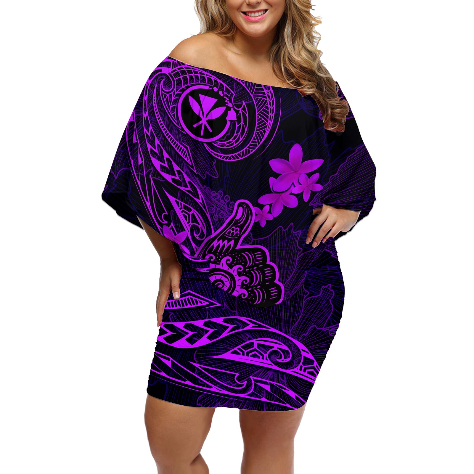 hawaii-off-shoulder-short-dress-shaka-tattoo-mix-polynesian-plumeria-purple-version