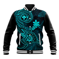Hawaii Baseball Jacket Shaka Tattoo Mix Polynesian Plumeria Turquoise Version LT14 Unisex Turquoise - Polynesian Pride