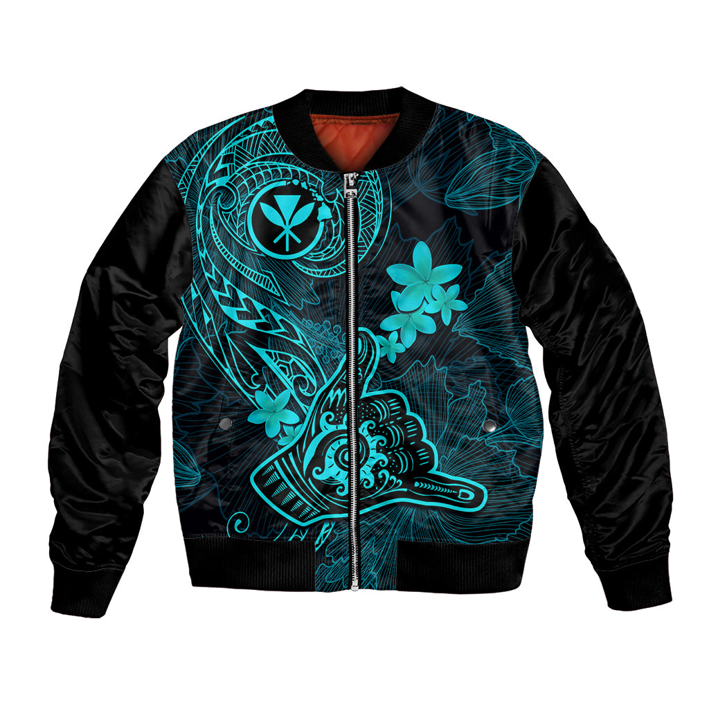 Hawaii Bomber Jacket Shaka Tattoo Mix Polynesian Plumeria Turquoise Version LT14 Unisex Turquoise - Polynesian Pride