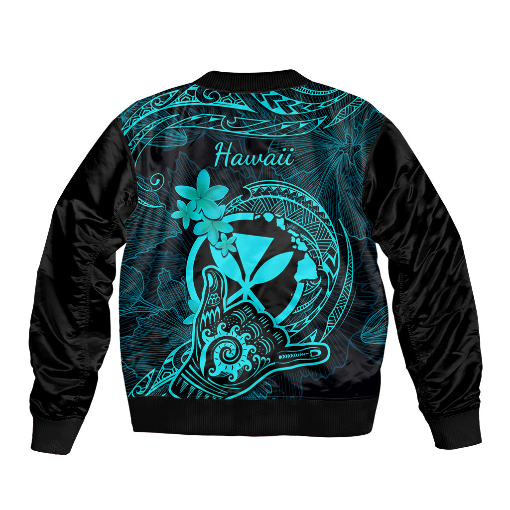 Hawaii Bomber Jacket Shaka Tattoo Mix Polynesian Plumeria Turquoise Version LT14 - Polynesian Pride