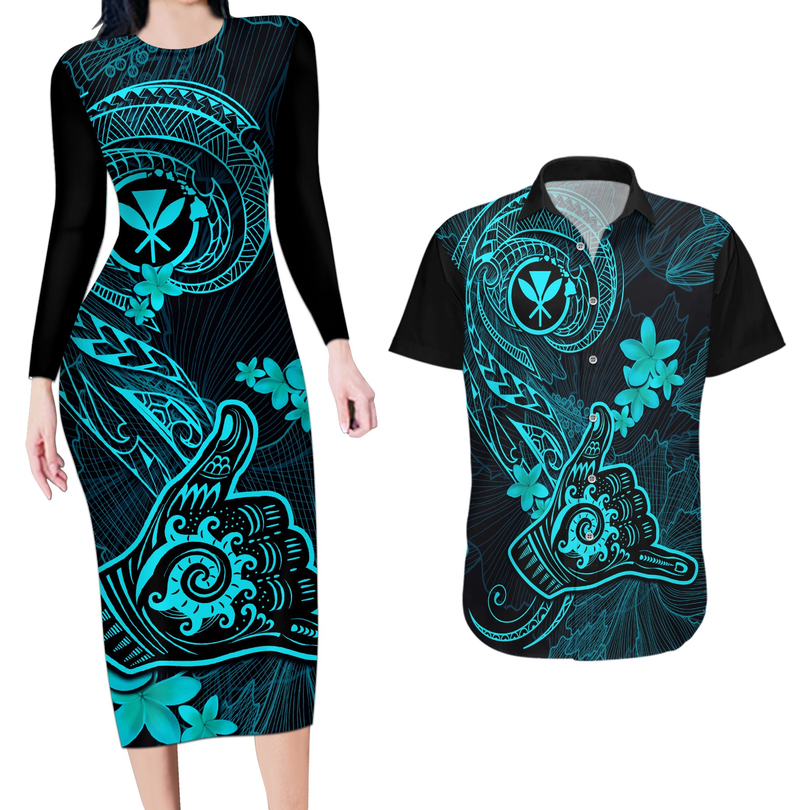 hawaii-couples-matching-long-sleeve-bodycon-dress-and-hawaiian-shirt-shaka-tattoo-mix-polynesian-plumeria-turquoise-version