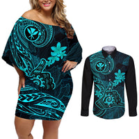 Hawaii Couples Matching Off Shoulder Short Dress and Long Sleeve Button Shirts Shaka Tattoo Mix Polynesian Plumeria Turquoise Version LT14 Turquoise - Polynesian Pride