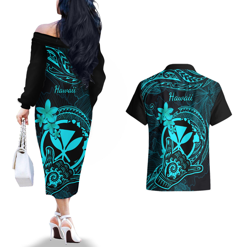 hawaii-couples-matching-off-the-shoulder-long-sleeve-dress-and-hawaiian-shirt-shaka-tattoo-mix-polynesian-plumeria-turquoise-version