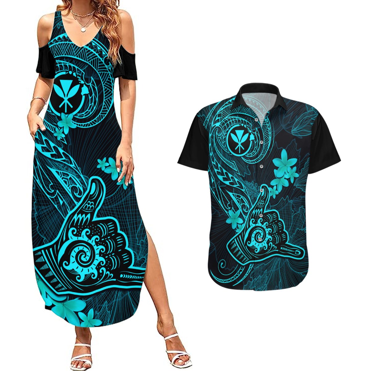 Hawaii Couples Matching Summer Maxi Dress and Hawaiian Shirt Shaka Tattoo Mix Polynesian Plumeria Turquoise Version LT14 Turquoise - Polynesian Pride