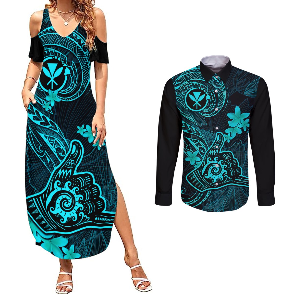 Hawaii Couples Matching Summer Maxi Dress and Long Sleeve Button Shirts Shaka Tattoo Mix Polynesian Plumeria Turquoise Version LT14 Turquoise - Polynesian Pride