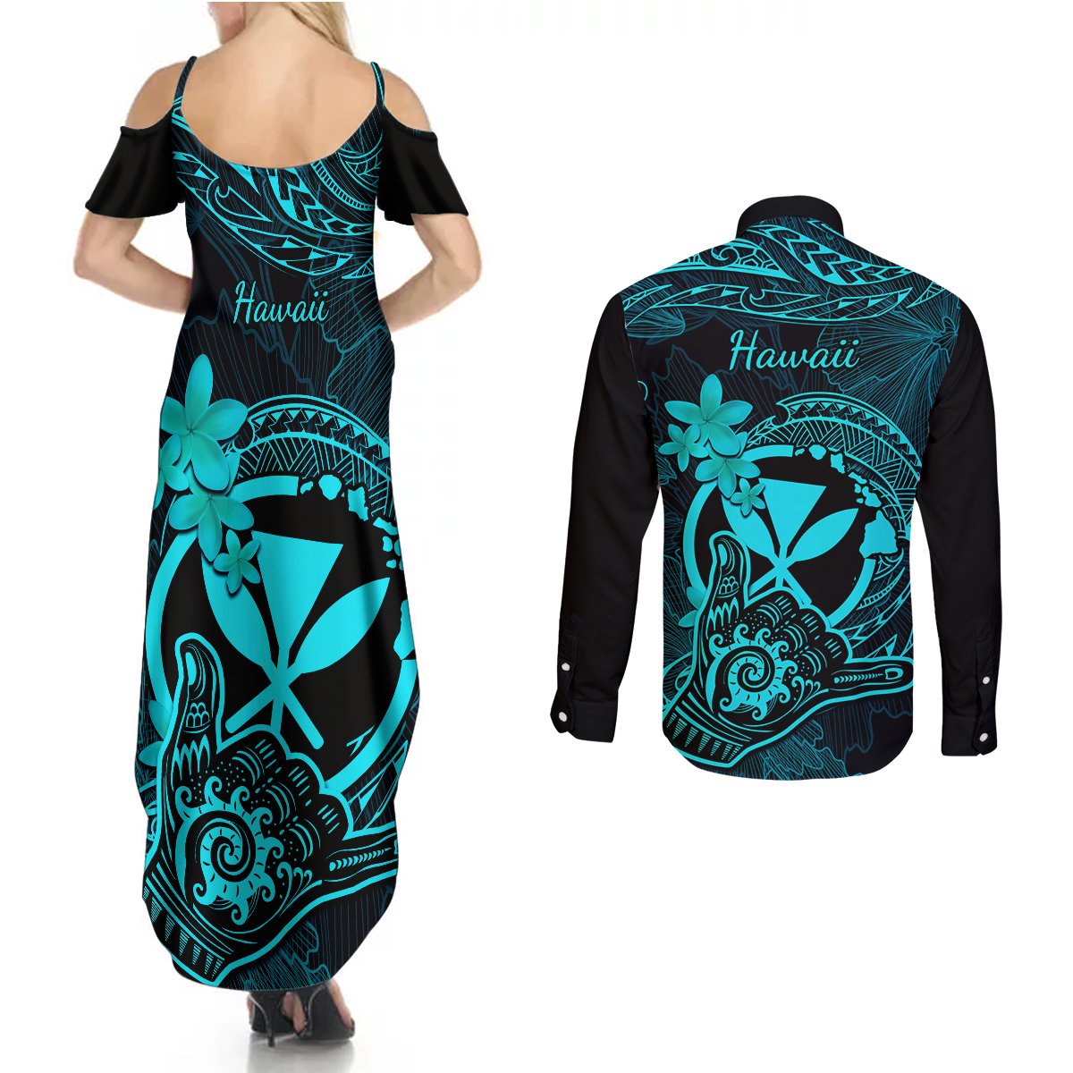Hawaii Couples Matching Summer Maxi Dress and Long Sleeve Button Shirts Shaka Tattoo Mix Polynesian Plumeria Turquoise Version LT14 - Polynesian Pride
